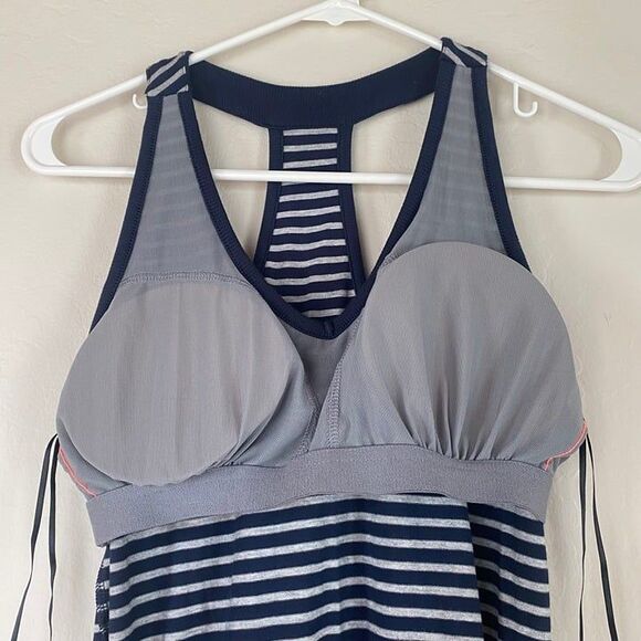 ATHLETA EMBER NAVY BLUE GRAY STRIPE RACERBACK SUPPORT TANK DRESS Womens Sz Small - Picture 12 of 12